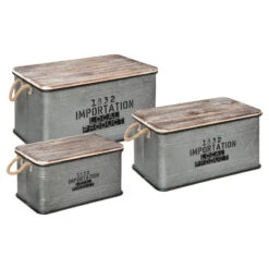 Lot De 3 Malles Métal Gris Plateau Bois Atmosphera